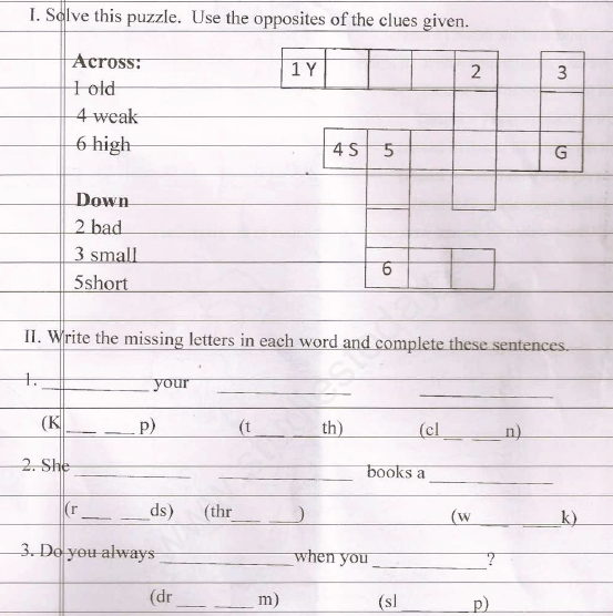 CBSE Class 1 English Crossword Assignment